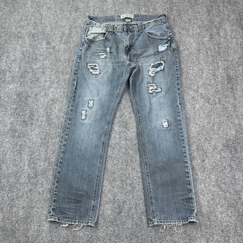 Rustic Blue Mens Slim Straight‎ Jeans Size 32x30 Distressed Whiskered Grunge